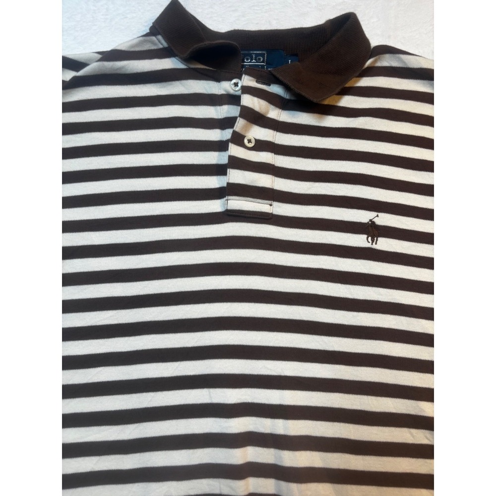 Vintage Ralph Lauren Polo Shirt Mens Large Brown Striped Pony Short Sleeve